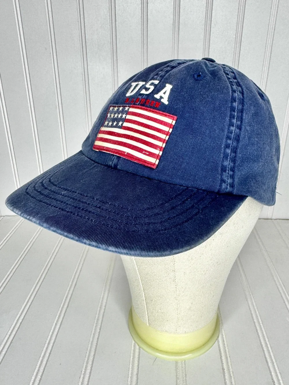 Vintage Polo Ralph Lauren Hat Blue Flag USA Baseball Cap 1990s Strapback Faded